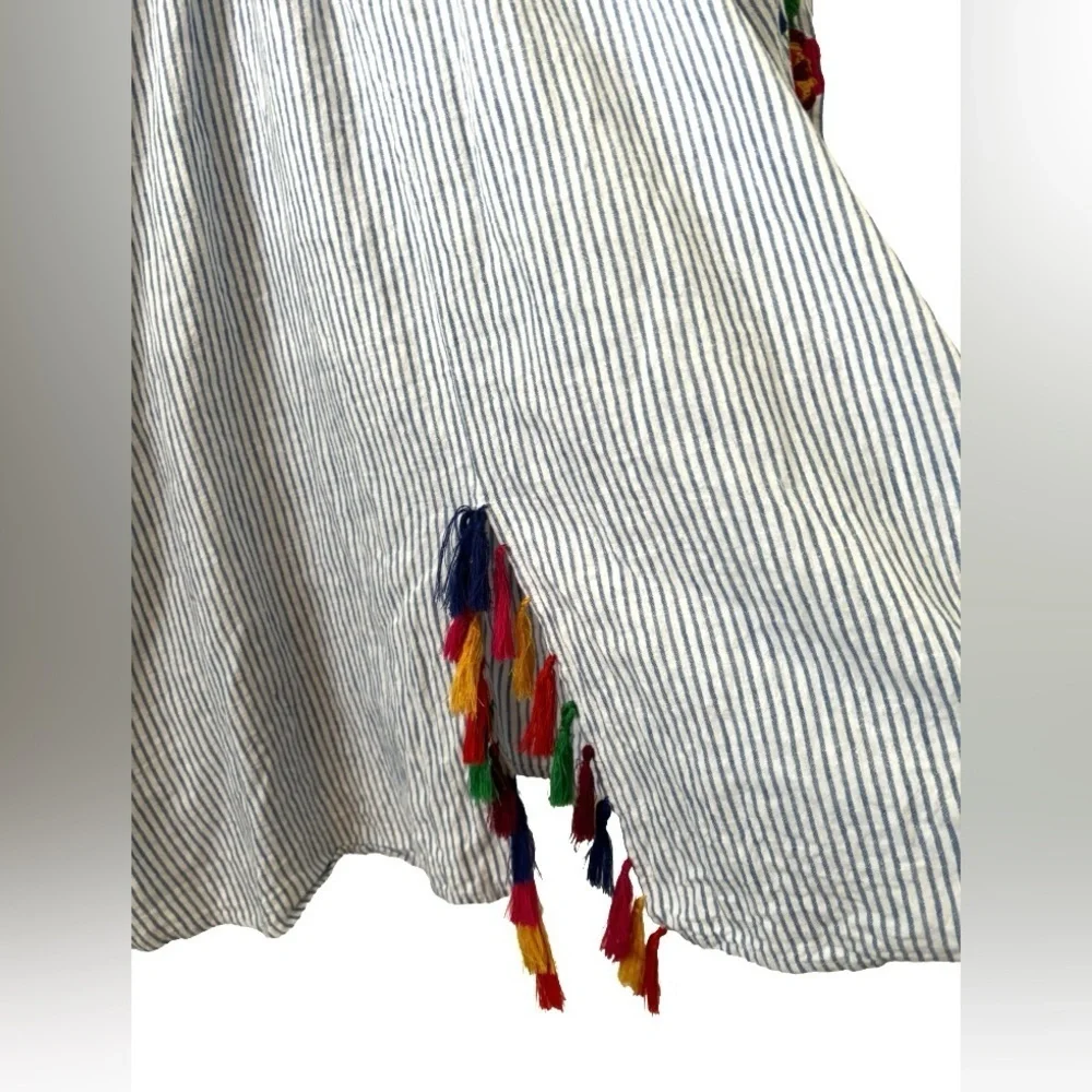 Chelsea & Theodore blu strp w embr & tassel linen/cotton blnd qtop SZ 3X peasant - Picture 6 of 7